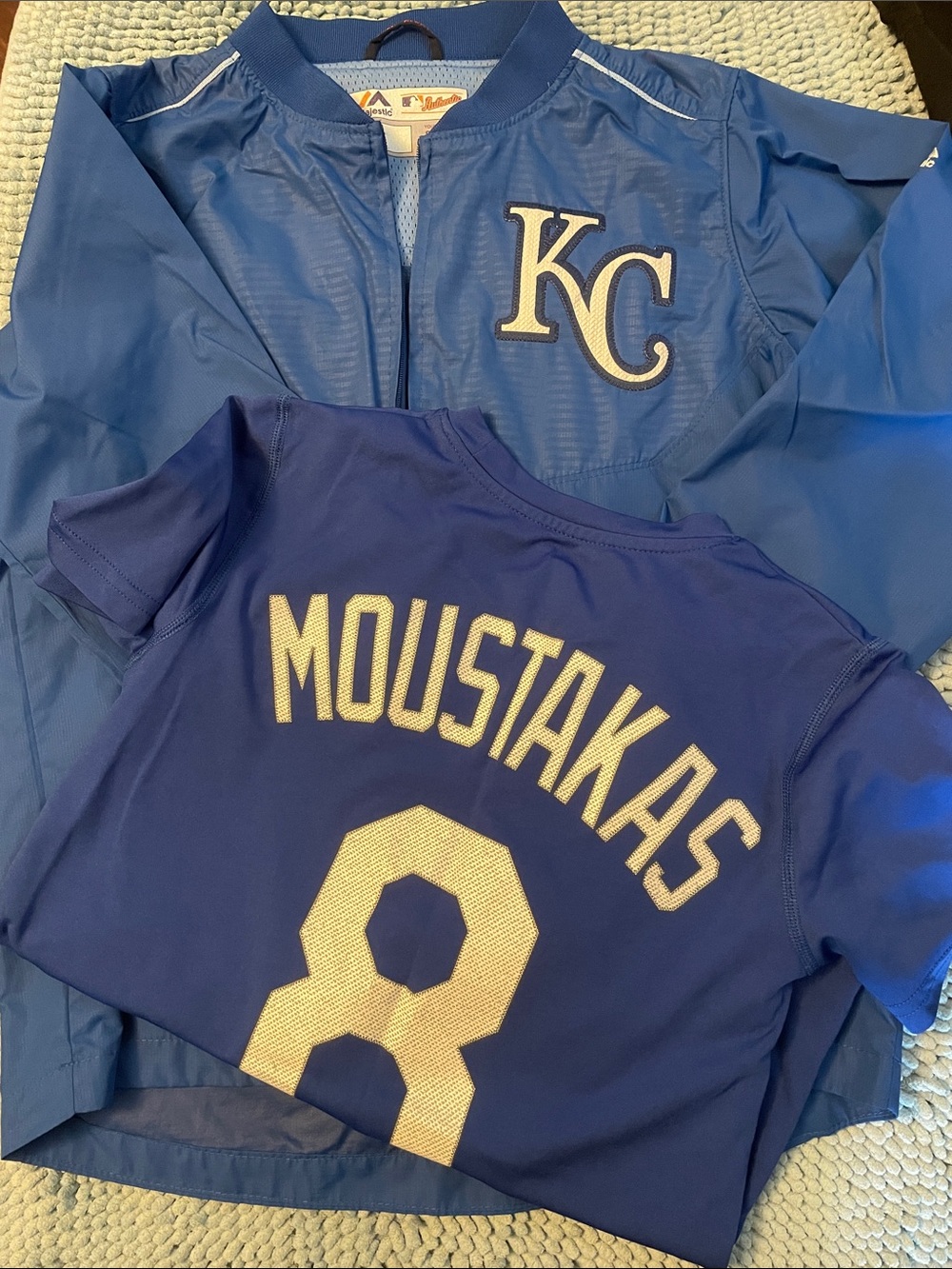 Majestic Royal Blue KC Moustakas #8 Kids Jersey & Jacket Set